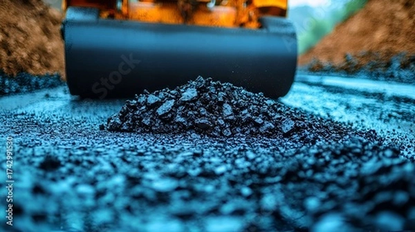 Fototapeta Close-up of asphalt being compacted by a road roller.