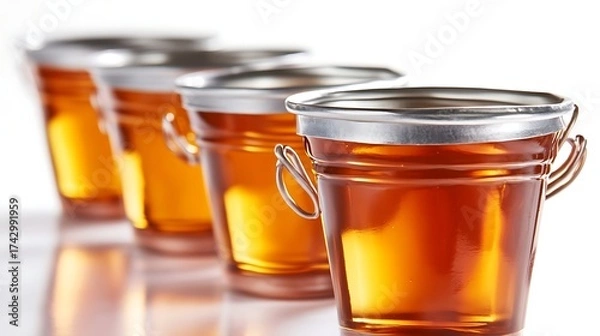 Fototapeta Amber Liquid in Glass Buckets Lined Up on a White Surface, Brightly Lit, Reflections