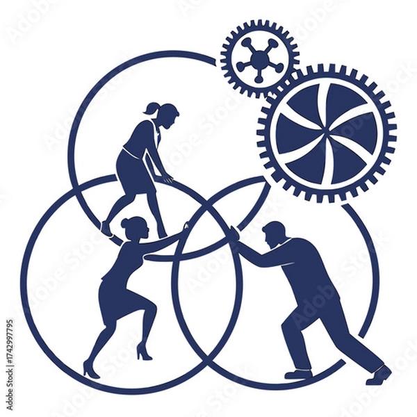Obraz People working together in synergy with gears and circles