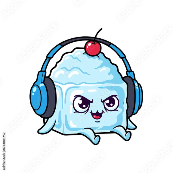 Fototapeta Cartoon Ice Cube Character with Headphones and Cherry Topping Illustration