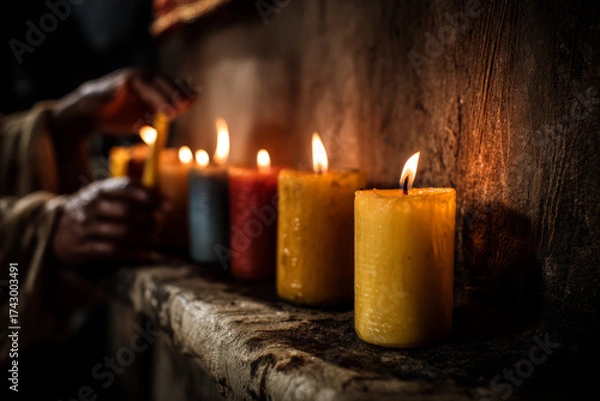 Fototapeta Illuminating the darkness a row of candles casting a warm glow in a dimly lit space