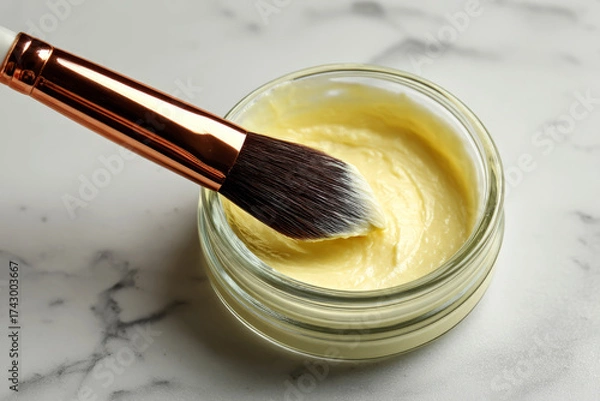 Fototapeta Closeup of a makeup brush dipped in a jar of yellow cream on a marble surface