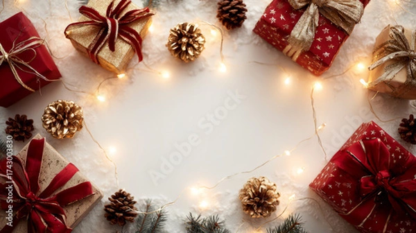Fototapeta Festive christmas presents and pine cones arranged on a white surface with fairy lights