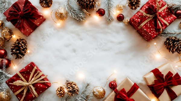 Fototapeta Festive christmas arrangement with gifts, pine cones, and lights creating a cozy atmosphere