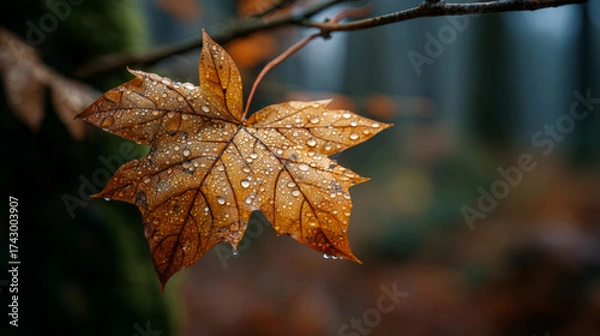 Fototapeta A single maple leaf glistens with raindrops, hanging delicately from a slender branch