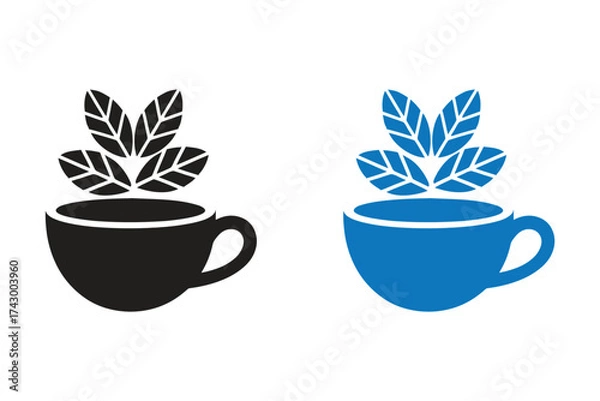 Fototapeta Holiday Coffee Cup Vector art of two stylized cups of tea, one black and one blue, with green leaves emerging from the top