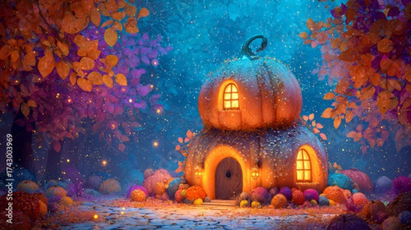 Fototapeta A whimsical pumpkin house glows warmly amidst a magical forest scene at twilight hour