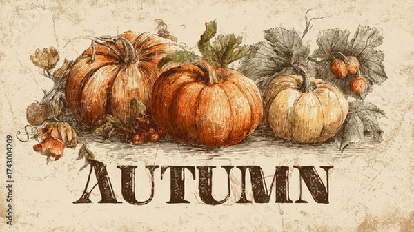 Fototapeta A rustic autumn harvest display featuring pumpkins and foliage on a textured background