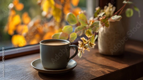 Fototapeta A cozy morning scene with a cup of coffee on a wooden table by the window sill