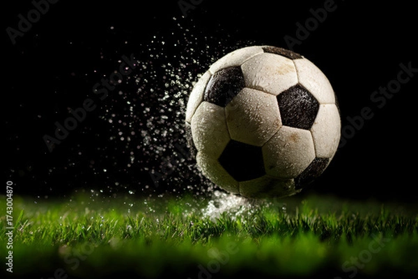 Fototapeta A soccer ball soars through the air, surrounded by a spray of water droplets on grass