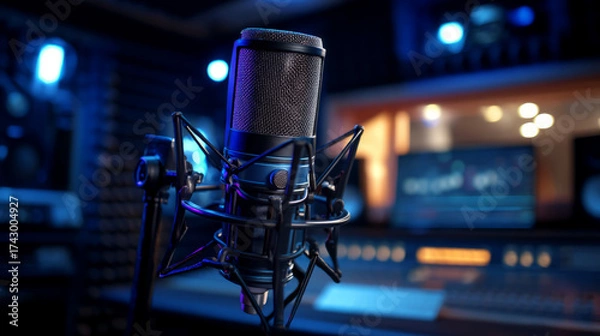 Fototapeta A professional microphone stands prominently in a recording studio with blue lighting