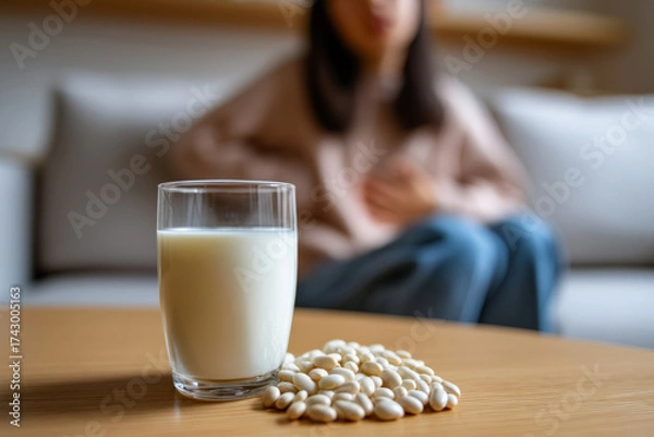 Fototapeta Woman experiencing stomach pain after drinking milk due to lactose intolerance issue