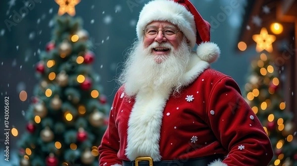 Fototapeta Joyful Santa Claus in a Snowy Christmas Setting