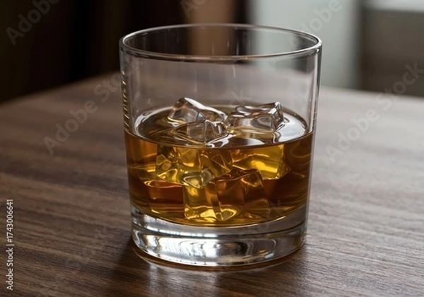 Fototapeta Whiskey on the Rocks: A close-up shot of a golden amber whiskey, chilling with ice cubes in a transparent glass, set atop a wooden surface.