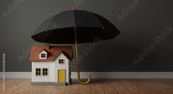 Obraz White miniature house under black umbrella for protection