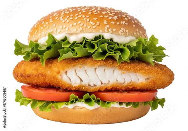 Obraz Crispy fish sandwich with lettuce and tomato isolated on a transparent background