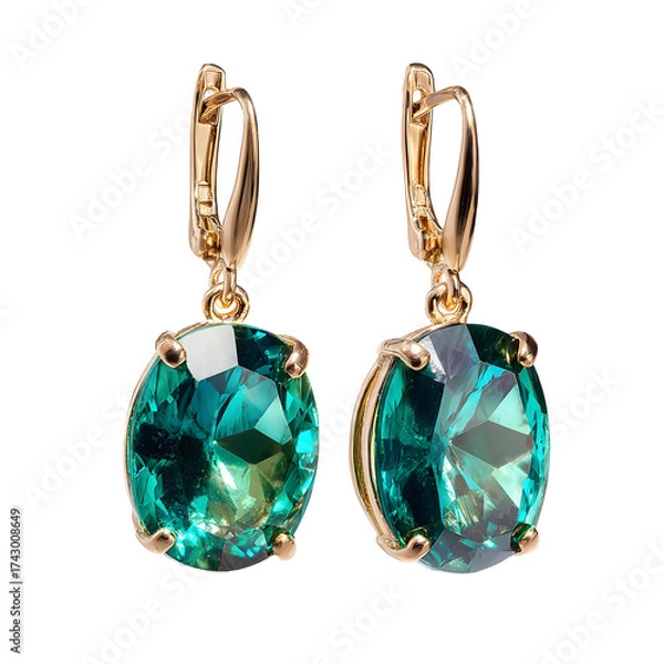 Fototapeta Elegant gold earrings with oval green gemstones isolated on transparent background