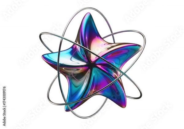Obraz Iridescent star orbiting metal rings isolated on a transparent background