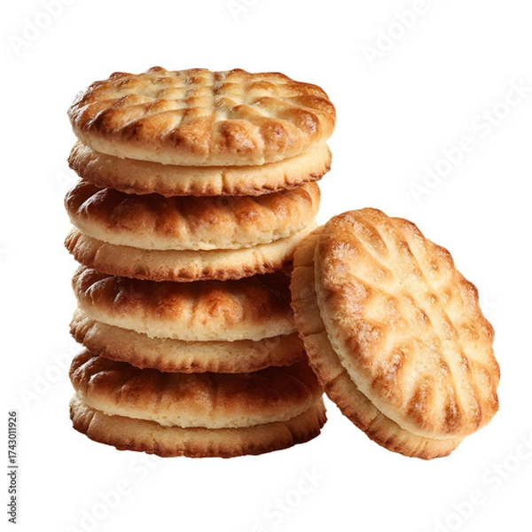 Fototapeta Stack of golden baked biscuits with detailed texture and transparent background