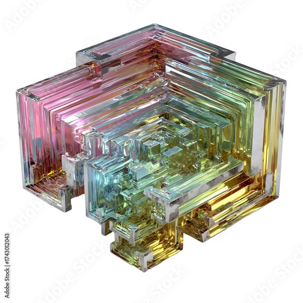 Fototapeta Geometric bismuth crystal structure iridescent colors transparent background
