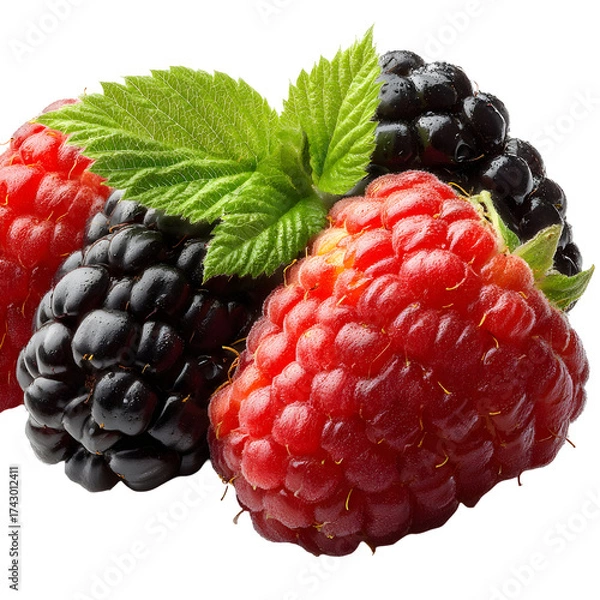 Fototapeta Fresh berries composition with raspberries and blackberries green leaf