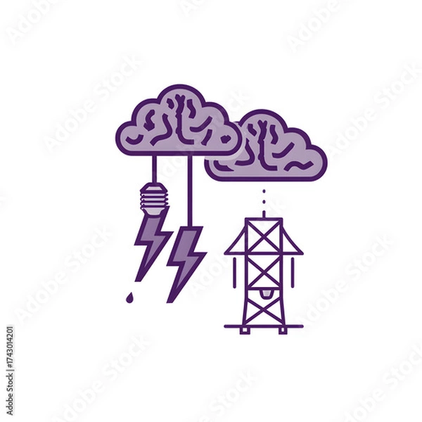 Fototapeta Illustration of brain shaped clouds with lightnings lightbulb and power pylon