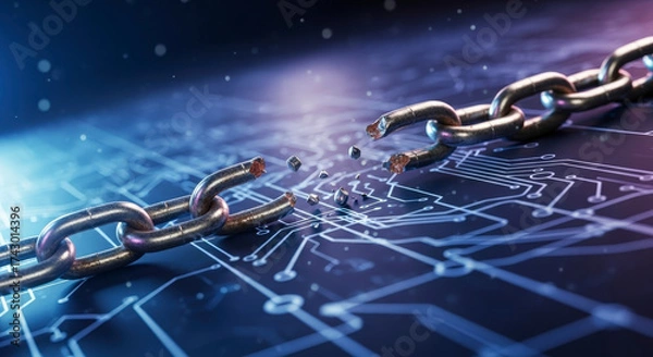 Fototapeta Digital Chain Breaking Over Technology Circuit Board Abstract Background