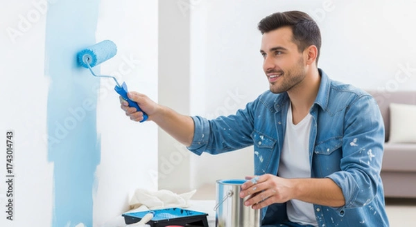 Obraz A man painting a wall with a roller brush