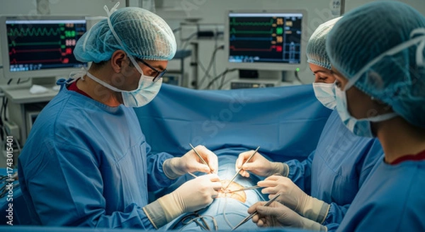 Fototapeta Medical Professionals Performing Complex Surgical Procedure in Operating Room
