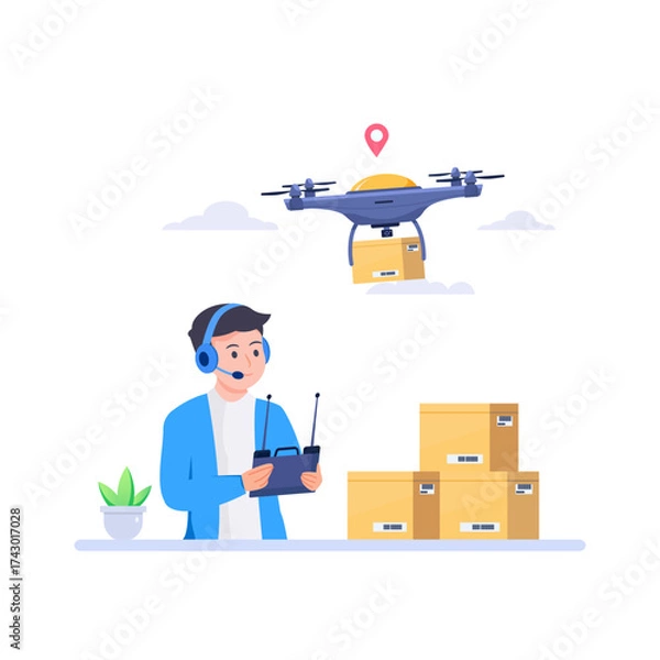 Fototapeta Drone delivery, smart logistics concept. Manager controls cardboard packages delivered by copters, aerial robots.