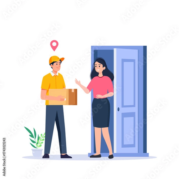 Fototapeta Delivery man handing a package to a woman standing by a door frame