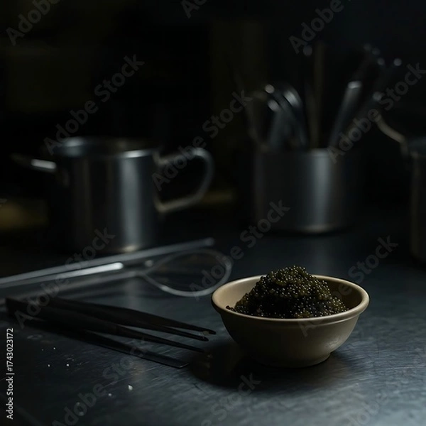 Fototapeta a professional kitchen; a stainless steel counter holds a bowl of glistening caviar, with a chef's tweezers and other kitchen tools slightly out of focus in the background.