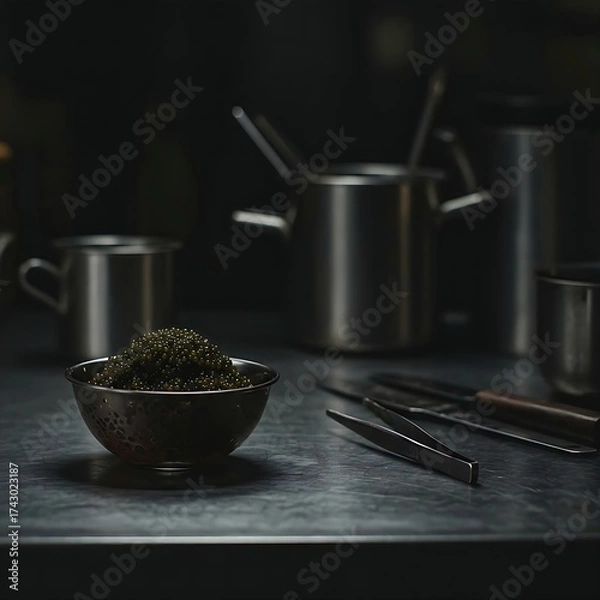 Fototapeta a professional kitchen; a stainless steel counter holds a bowl of glistening caviar, with a chef's tweezers and other kitchen tools slightly out of focus in the background.
