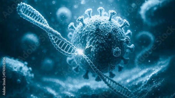Fototapeta An intricate illustration of the coronavirus, meticulously rendered in a vibrant display, along with DNA. The image is perfect for visual representation in a medical context.