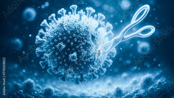 Fototapeta An innovative illustration depicting the fight against a virus, with surgical precision, as a pair of silver scissors targets the viral cells.