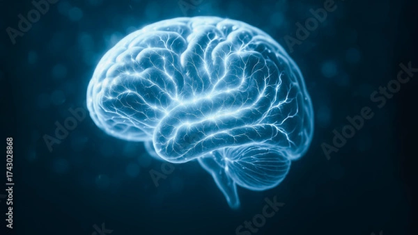 Fototapeta A digitally illuminated human brain pulses with a luminous glow, signifying intellect and cognitive activity, representing human mind.