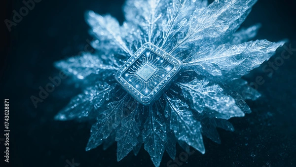 Fototapeta A cutting-edge electronic chip seamlessly integrated with an abstract snowflake design, combining technology with natural elements.
