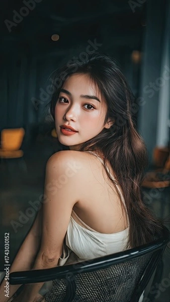 Fototapeta Serene Portrait: A captivating woman radiates natural beauty and composure, her gaze drawing you into a moment of introspective calm.