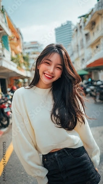 Fototapeta Radiant Urban Smile: A cheerful individual, her captivating smile and luminous eyes, smiles broadly, embodying the vibrancy of city life against the backdrop of a bustling street.