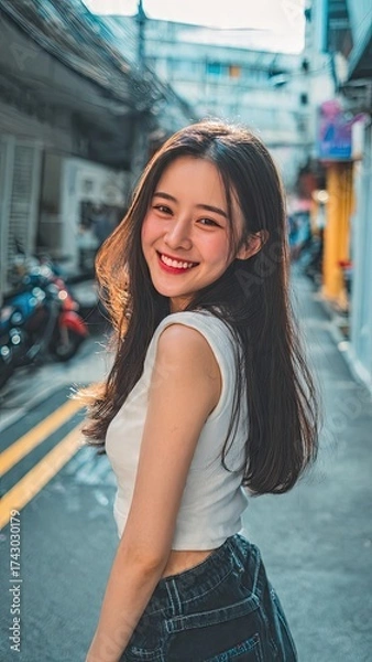 Obraz Street Smile: A radiant individual turns, offering a captivating smile amidst the charming alleyway backdrop. The scene embodies joyful moments.