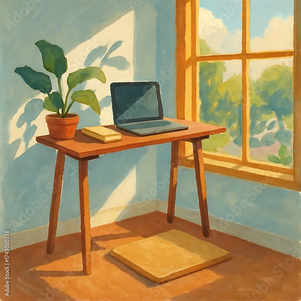 Fototapeta Cozy Home Office Scene with Laptop and Plant Bathed in Warm Sunlight, Inviting and Tranquil Workspace for Productive Remote Work and Study