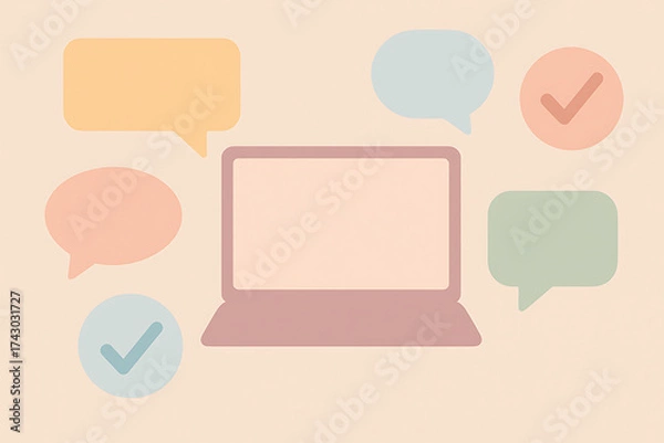 Fototapeta Laptop with speech bubbles and checkmarks, symbolizing communication and successful task completion