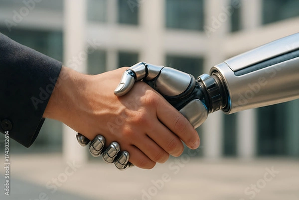 Fototapeta Horizontal view of male hand shaking robot hand outdoors. Blurred background of white building. Modern technologies. Connection of human and artificial intelligence. Future concept