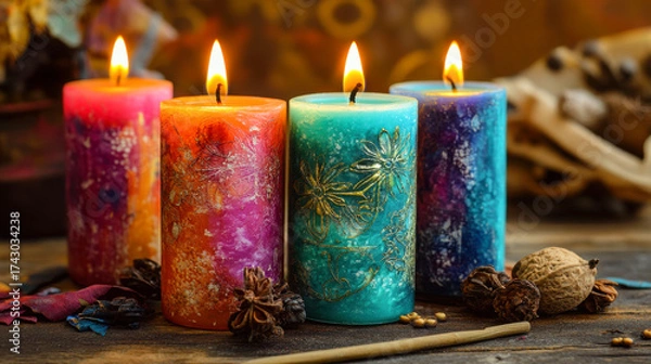 Fototapeta Four colorful lit pillar candles with intricate patterns and warm glow