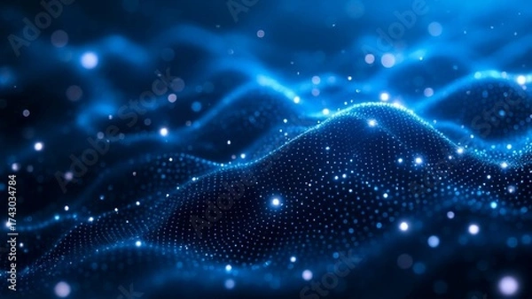 Obraz Abstract Blue Particle Waves: Glowing Digital Data Flow Background