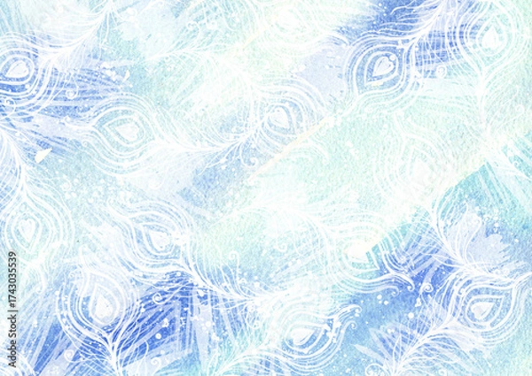 Fototapeta A blue ice floe with patterns, feathers, and a stylish design background. Watercolor winter background, hand-drawn, blue ice texture with feather patterns