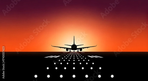 Fototapeta Airplane Silhouette Landing on Runway at Colorful Sunset