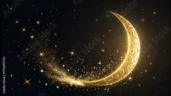 Fototapeta Golden crescent moon with swirling stardust and twinkling stars against a dark night sky