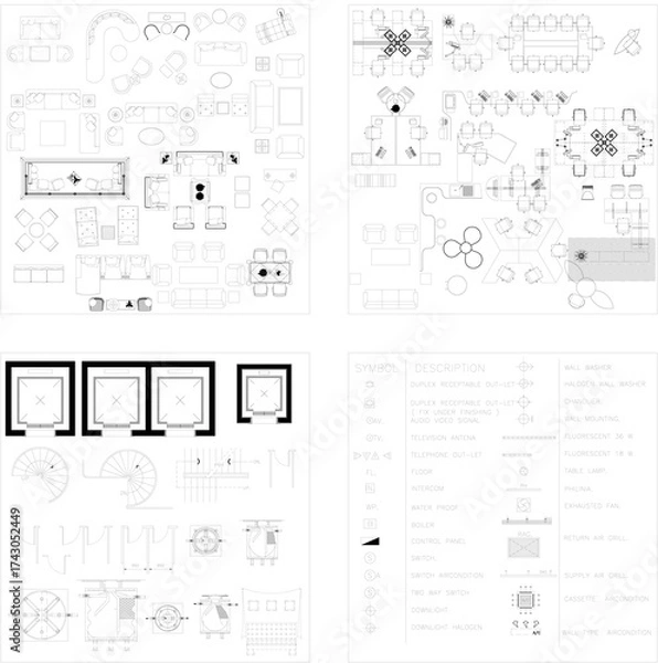 Fototapeta 2D Drawing Set: Sofa, Work Desk, Drafting Tools, Electrical Symbols, Elevator and Spiral Staircase for Interior Design and Architecture