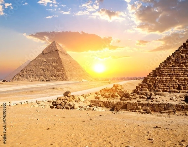 Fototapeta Pyramids of Giza bask in a warm desert sunset